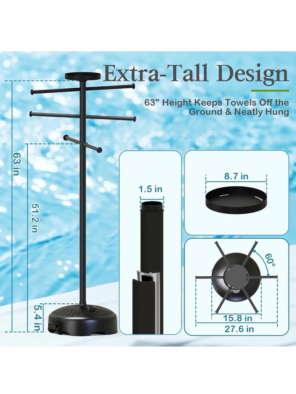 Freestanding 63” Black Multi-Arm Towel Rack  w Built-in Tray & Wheels